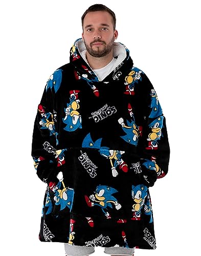 Sonic The Hedgehog Herren Schwarz Blanket Hoodie | Erlebe ultimativen Komfort in diesem Sonic VUddie | Einheitsgröße für alle | Entfessle gemütliche Abenteuer mit Sonic von Sonic The Hedgehog