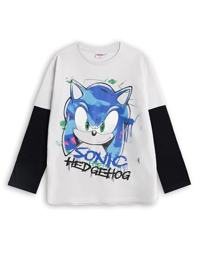 Sonic The Hedgehog Jungen T-Shirt | Grau-schwarzes Skater-T-Shirt mit Graffiti-Grafik für Kinder | Langarm mit Kurzarm-Overlay im Gaming-Bekleidungsstil | Retro-Sonic-Merchandise-Geschenk für Kinder von Sonic The Hedgehog
