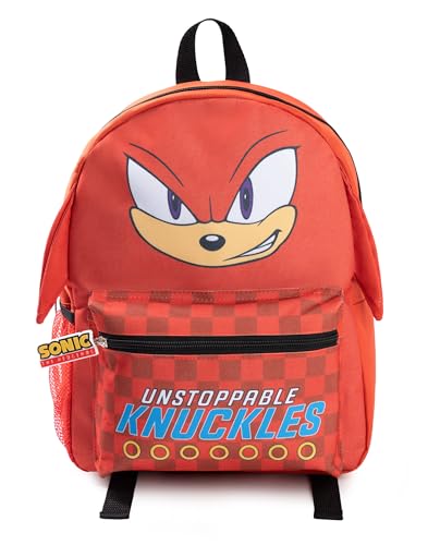 Sonic The Hedgehog Kinder-Rucksack „Knuckles the Echidna“ in 3D | Rot karierte Reißverschluss-Fronttasche mit „Unstoppable Knuckles!“-Text | Charakter-Reisetasche für die Schule von Sonic The Hedgehog