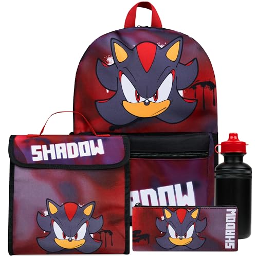 SONIC THE HEDGEHOG Rucksack Kinder 4er Set Trinkflasche Federmäppchen und Lunchtasche Shadow Kinderrucksack Schule Zubehör (Shadow 4er Set) von SONIC THE HEDGEHOG