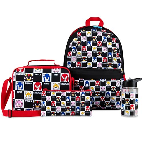 Sonic The Hedgehog Rucksack Kinder Jungen 4er Set mit Trinkflasche Kinder Federmäppchen Lunchtasche Isoliert Schule Geschenk von Sonic The Hedgehog