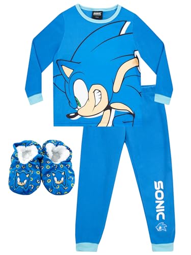 Sonic The Hedgehog Schlafanzug Und Hausschuhe Set | Sonic Schlafanzüge Für Jungen | Kinder Pyjama Jungen | Blau 116 von Sonic The Hedgehog