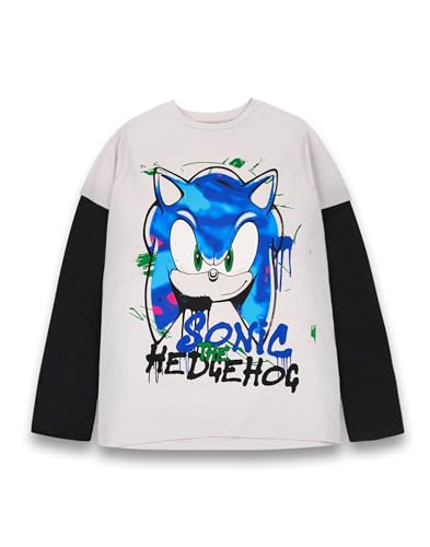 Sonic the Hedgehog Jungen Skater T-Shirt | Graues und schwarzes Graffiti-T-Shirt für Jungen | Langarm mit kurzärmeligem Oberteil im Overlay-Stil | Retro-Merchandise-Geschenk für Kinder und Jugendliche von Sonic The Hedgehog