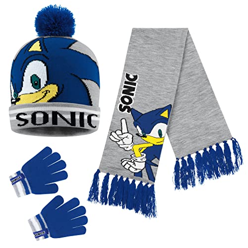 Sonic The Hedgehog Mütze Jungen Schal Handschuhe Set Kinder Wintermütze Set (4-15 Jahre, Blau/Grau 3 Stück) von Sonic The Hedgehog