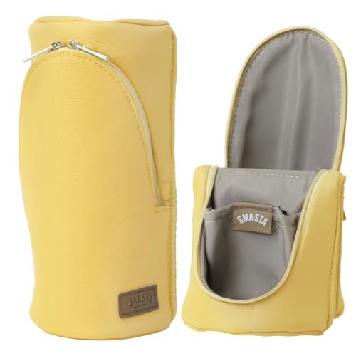 Sonic Sma-Sta FD-8265-Y Eschenholz-Stiftetui, Arbeitsplatztasche, Tech-Zubehör-Organizer, Make-up-Tasche, Federmäppchen, verwandelt sich in Smartphone-Ständer, Kosmetikhalter und mehr, Gelb von Sonic
