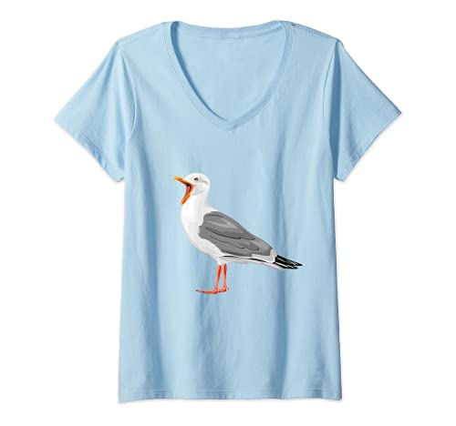 Damen Freche, schreiende Möwe T-Shirt mit V-Ausschnitt von Sonne, Insel, Strand und Meer