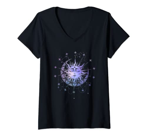 Damen Magisches Sonnen-Symbol mit Mond und Sternen okkulten Zeichen T-Shirt mit V-Ausschnitt von Sonnen Symbole und spirituelle Zeichen mit Magie