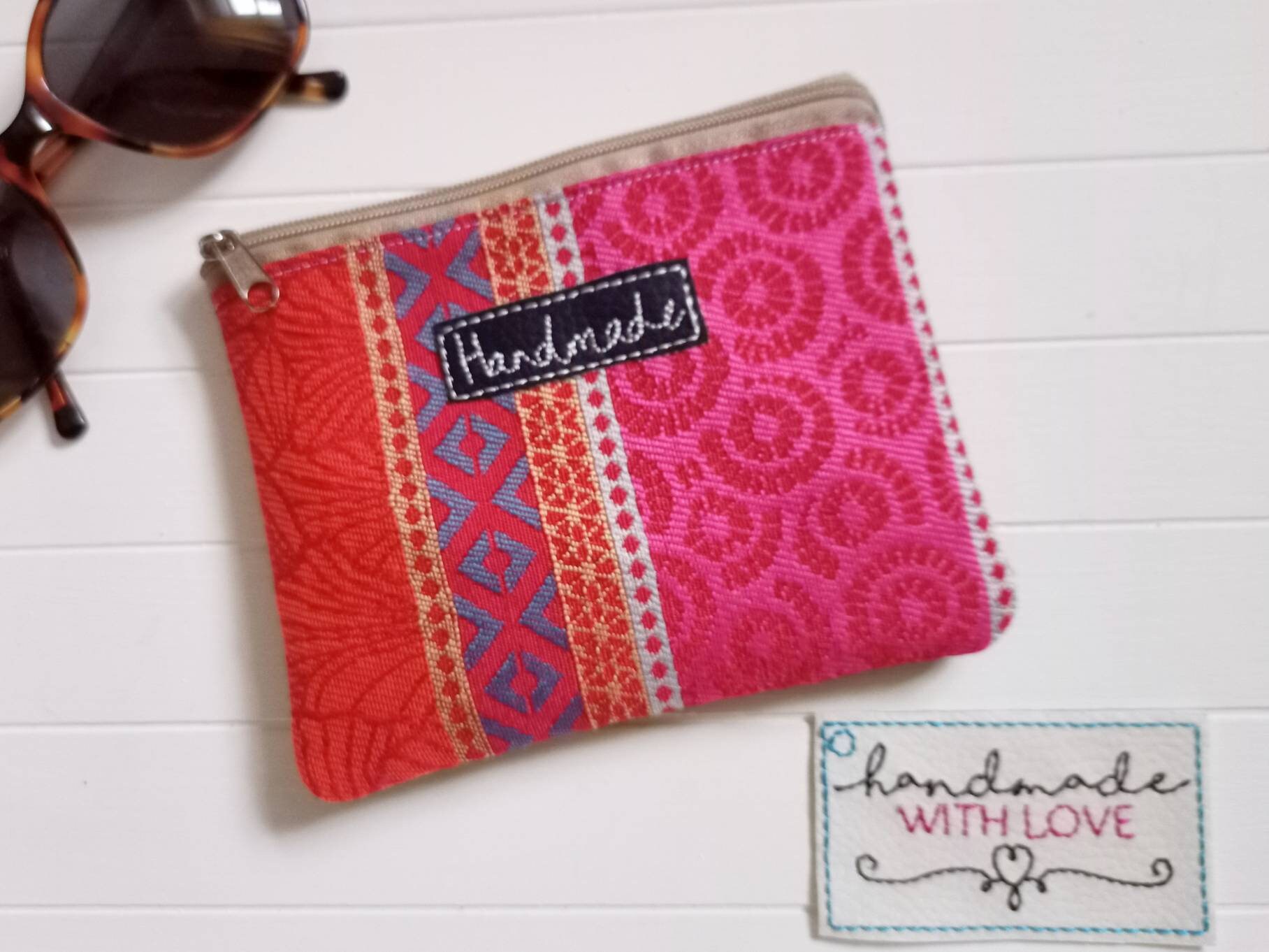 Kleine Reissverschluss Tasche Stoff Und Kunstleder, Etui 14cm X 11cm, Taschenorganizer, Pink Orange Rot Kabeltasche, Geschenk Muttertag von SonnenGlueck