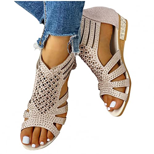 Damen Keilabsatz Sandaletten Sommer Elegant Sandalen mit Absatz offener Zeh Elegant Keilschuhe Reißverschluss Plateau Casual Schuhe Faux Leder Sandals Retro Festival Keilsandalen von Sonnena