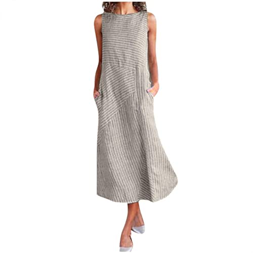 Damen Kleider Sommer Leinenkleid Gestreiftes Kleid in A-Linie Lose Boho Lang Kleider V-Ausschnitt Beiläufige Streifen Kleid Mit Taschen von Sonnena