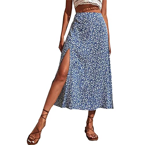 Damen Rock Geblümt Sommerrock Knielang Böhmisch Strandrock mit Schlitz Hohe Taille Midirock A-Linien Rock Freizeitrock Blumenrock Eleganter Damenrock von Sonnena