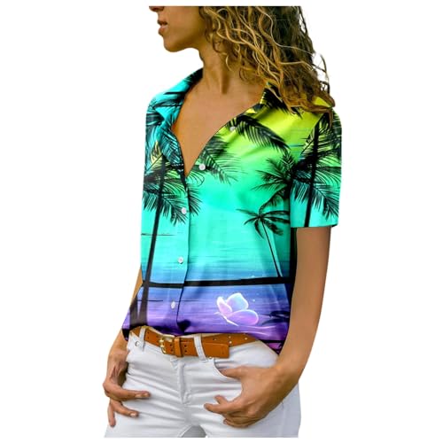 Damenblusen Hawaii Hemd Damen Kurzarm Hawaiihemd Sommer Hawaii Bluse Strand Funky Hawaiibluse Party Hawaii Hemden Frauen Hawaii Outfit Damen Hawaii-Print Casual Hemdbluse Shirt Tops von Sonnena