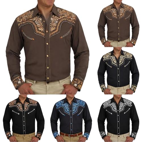 Herren Western Cowboy Besticktes Hemd Schlank Langarmhemd Western Hemd Cowboy Shirts Hochzeit Party Hemd Vintage Westernhemd Retro Hemd Revers Hemd Cowboy Druck Traditionelles Hemd von Sonnena