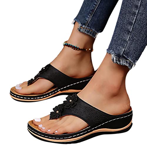 Orthopädische Sandalen Damen Leder Flip Flops Pantoletten mit Fussbett Sommer Elegant Slippers Flach Römersandalen Sommerschuhe Lässig Keilsandalen Freizeitschuhe Hausschuhe von Sonnena