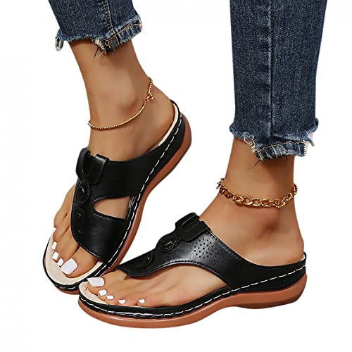 Orthopädische Sandalen Damen Leder Flip Flops Pantoletten mit Fussbett Sommer Elegant Slippers Flach Römersandalen Sommerschuhe Lässig Keilsandalen Freizeitschuhe Hausschuhe von Sonnena