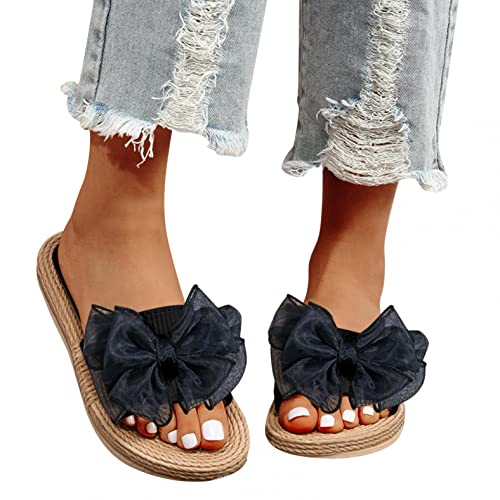 Schlappen Damen Espadrille Sandalen Flache Sommer Schleife Wildleder Sandaletten Peep Toe Plateau Boho Hausschuhe Slip On Pantoletten Bequeme Strandschuhe Freizeitschuhe von Sonnena