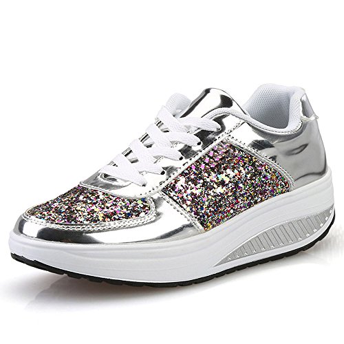 Sneaker Damen mit Pailletten Keilabsatz Glitzer Sportschuhe Glänzende Dicker Turnschuhe Schuhe Schnürsenkel Walkingschuhe Laufschuhe Joggingschuhe Oausschuhe von Sonnena