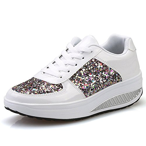 Sneaker Damen mit Pailletten Keilabsatz Glitzer Sportschuhe Glänzende Dicker Turnschuhe Schuhe Schnürsenkel Walkingschuhe Laufschuhe Joggingschuhe Oausschuhe von Sonnena