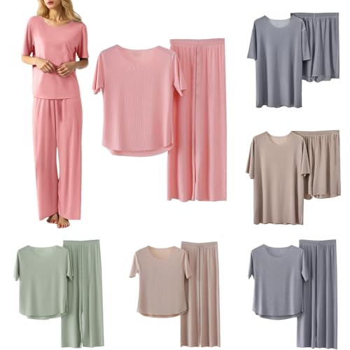 Sommer Schlafanzug Damen Kurz Eisseide Zweiteiliger Pyjama Set Loungewear - Kurzarm NachtwäSche Einfarbig Sleepwear Hausanzug Leichtes Bequemes Freizeitanzug Große Größen Pyjamaset von Sonnena
