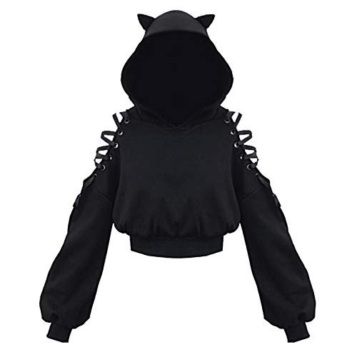 Sonnena Damen Hoodie Bauchfrei Pullover mit Katzenohren Hollow Out Gothic Sweatshirt Damen Cat Ears Black Hoodie Damenmode Sweatshirt Gothic Kleidung Damen Hoodie von Sonnena
