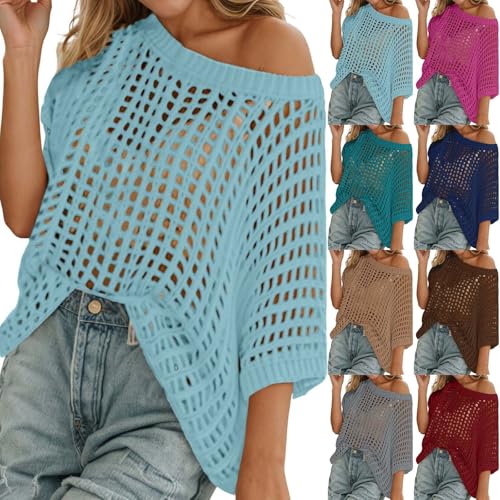 Häkelpullover Damen Schulterfrei Rundhals Strickpullover Oversize Hakelnadel Cover Up Mesh Oberteil Lechit lässig Fischnetz Party Top Pullover Streetwear von Sonnena
