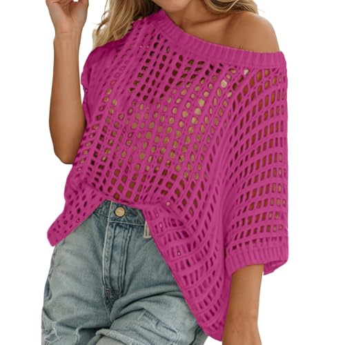 Häkelpullover Damen Schulterfrei Rundhals Strickpullover Oversize Hakelnadel Cover Up Mesh Oberteil Lechit lässig Fischnetz Party Top Pullover Streetwear von Sonnena