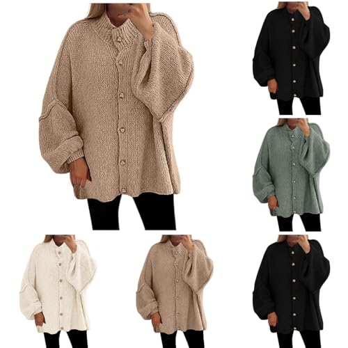 Sonnena Strickjacke Damen Kurz Laternenärmel Cardigan Knopfleiste Open Front Sweater Langarm Lose Strickmantel Herbst Winter Gestrickt Jacke von Sonnena