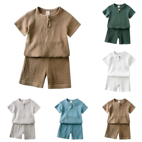 Unisex Kinder Baumwolle Leinen Kurzarm T-Shirt und Kurze Hose 2-teiliges Set Sommer Bekleidungsset Lässiges Outfits 0-7 Jahre von Sonnena
