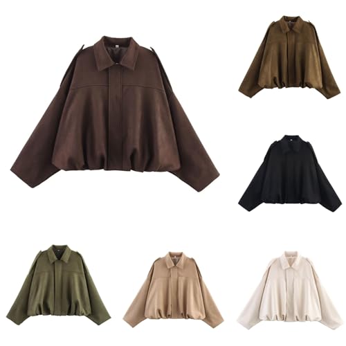 Sonnena Wildlederjacke Damen Kurz : Oversized Bomberjacke aus weichem Kunstwildleder mit Fleece-Futter, Streetwear Winterjacke für Herbst Übergangszeit, Kurze Lederjacke im Casual Look von Sonnena