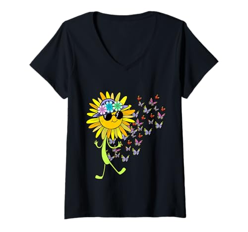 Damen Lustig Witzig Hippie Sonnenblume Sommer Schmetterlinge Retro T-Shirt mit V-Ausschnitt von Sonnenblume Hippie Blume Sommerzeit Garten