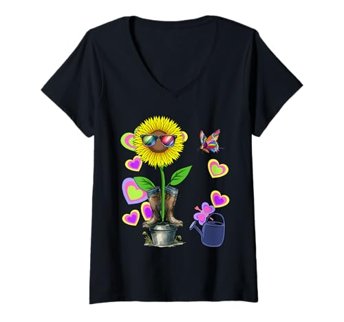 Damen Sonnenbrille Sommer Garten Sonnenblume Natur Herzen Retro T-Shirt mit V-Ausschnitt von Sonnenblume Hippie Blumen