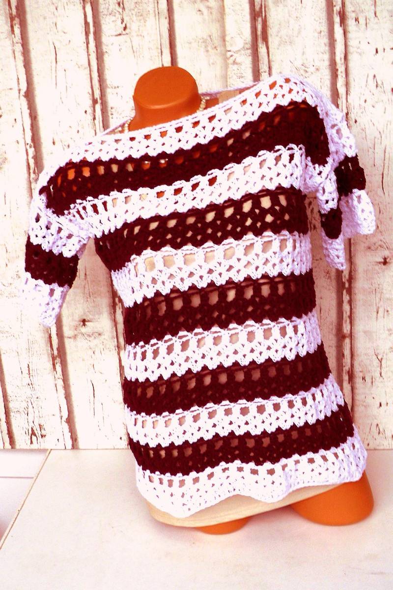 Damenpulli Gehäkelt Größe M/L Sommerpullover Zweifarbiger Pulli Mit Angesetztem Ärmel Baumwollpullover Nr 7616 von Sonnenblume1547