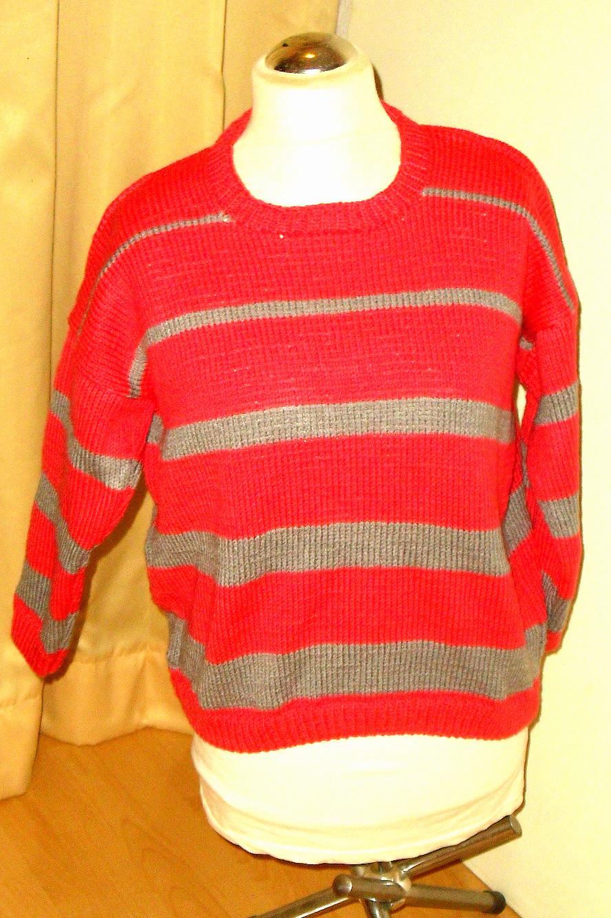 Handgestrickter Farbiger Pullover Größe M/L Damenpullover Roter Mit Streifen Musterpullover Nr 7954 von Sonnenblume1547