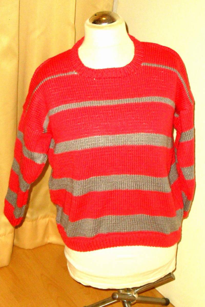Handgestrickter Farbiger Pullover Größe M/L Damenpullover Roter Mit Streifen Musterpullover Nr 7954 von Sonnenblume1547