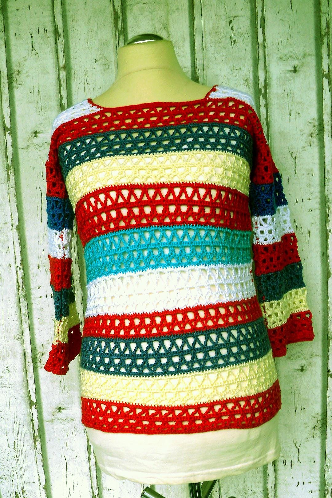 Häkelpullover Handgearbeiteter Pullover Sommerpullover S/L Farbiger Gestreifter Pulli Baumwollpullover Nr /7611 von Sonnenblume1547