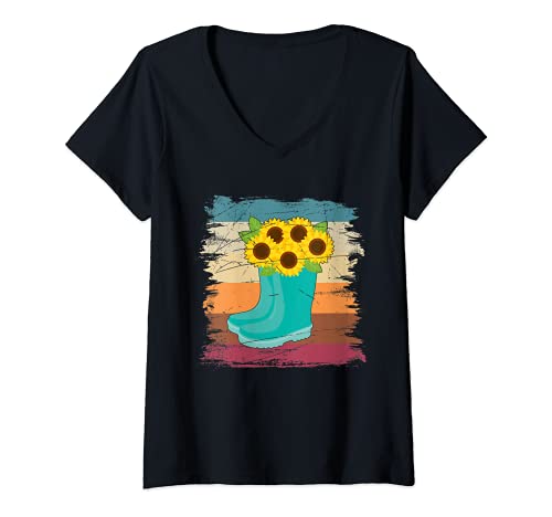 Damen Gummistiefel Hippie Florist Gelbe Blumen Sonnenblume T-Shirt mit V-Ausschnitt von Sonnenblumenkern Natur Sonne