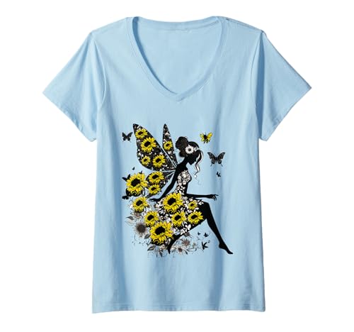 Damen süßes Sonnenblumenmädchen T-Shirt mit V-Ausschnitt von Sonnenblumenschläger T -Shirt
