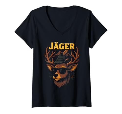 Damen Jäger - Jäger Jagd Wald Rotwild Jägerhut T-Shirt mit V-Ausschnitt Damen Jäger - Jäger Jagd Wald Rotwild Jägerhut T-Shirt mit V-Ausschnitt von Sonnenbrille Hirschen Lauer Lustiger Spruch Witzig
