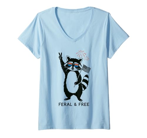 Damen Feral and Free Waschbär Peace Zeichen US Flagge Retro Fourth T-Shirt mit V-Ausschnitt Damen Feral and Free Waschbär Peace Zeichen US Flagge Retro Fourth T-Shirt mit V-Ausschnitt von Sonnenbrille Humor Feuerwerk Feral And Free USA