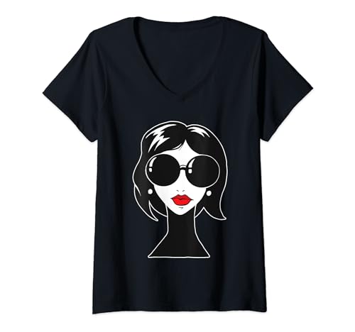 Damen Frau in schwarz weiß mit Sonnenbrille und roten Lippenstift T-Shirt mit V-Ausschnitt von Sonnenbrillen und rote Lippenstift Liebhaber