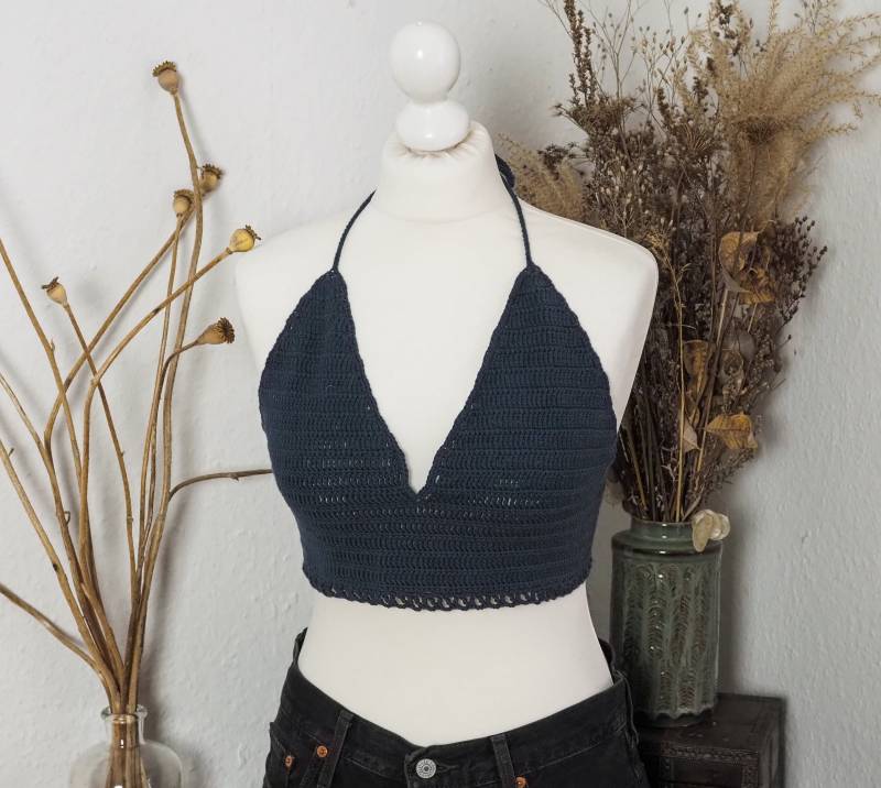 Dunkelblaues Handgemachtes Häkeltop Handgehäkeltes Top Häkel Crop Bralette Boho Für Frauen von Sonnenmaschen