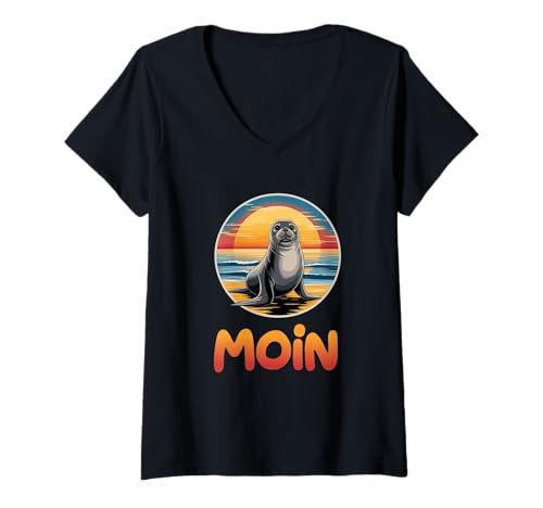 Damen Moin Robbe Ostsee Nordsee T-Shirt mit V-Ausschnitt von Sonnenuntergang Seal Ocean Beach Vibes