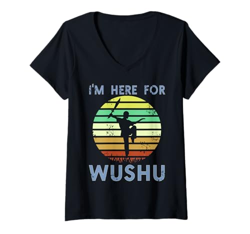 Damen Hier trainiere ich Wushu Retro Kampfkunst Krieger T-Shirt mit V-Ausschnitt von Sonnenuntergang Wushu Pose mit Waffe Stil