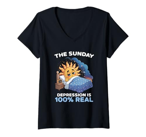Damen Die Sonntagsdepression ist 100 Prozent real Wochenend-Meme T-Shirt mit V-Ausschnitt Damen Die Sonntagsdepression ist 100 Prozent real Wochenend-Meme T-Shirt mit V-Ausschnitt von Sonntags-Stress-Vibes Montag-Angst-Grafik