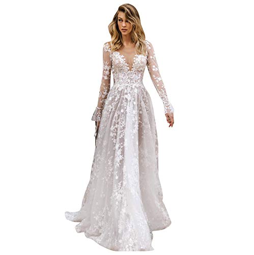 Sonojie Damen Elegant Kleider Abendkleid Ballkleider lang Cocktailkleid,Langarm Weißes Abendkleidung Kleider für Hochzeitsgäste Spitze Abendkleider Kleid Hochzeitskleid Retro Lange Brautkleid von Sonojie