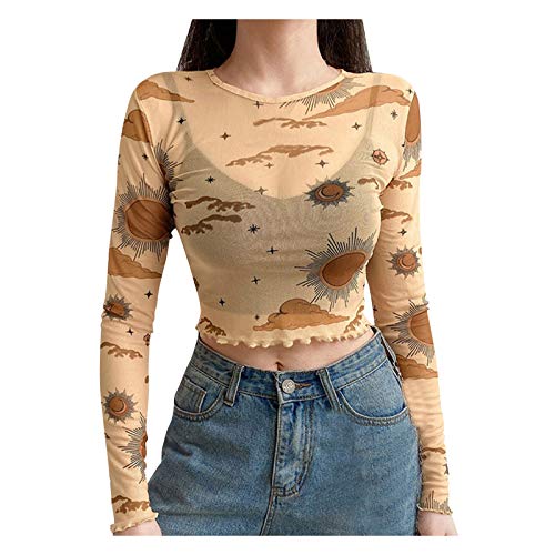 Sonojie Mesh Damen Sheer Mesh Top Langarm Transparent Oberteil Crop Top Mesh Bluse Durchsichtiges Hemd Sonne Mond Drucken Netz Lange Ärmel Netz-Langnähten Strickhemd von Sonojie