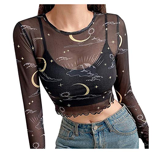 Sonojie Mesh Damen Sheer Mesh Top Langarm Transparent Oberteil Crop Top Mesh Bluse Durchsichtiges Hemd Sonne Mond Drucken Netz Lange Ärmel Netz-Langnähten Strickhemd von Sonojie