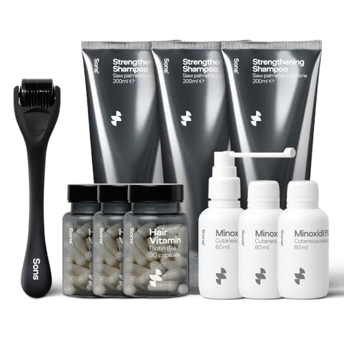 Sons Haarpflege Set für Männer mit Minoxidil 5%, DHT Blocker Shampoo, Biotin & Derma Roller, für Haarwachstum & dichteres Haar, Vitamin B7, reduziert Haarausfall, 3 Monate von Sons