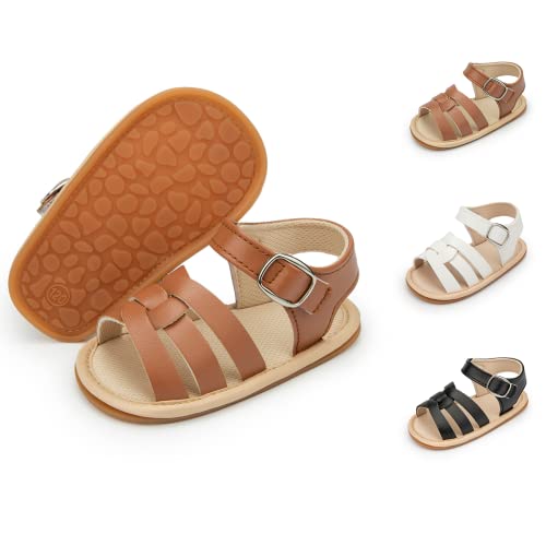 Sonsage Säugling Baby Mädchen Jungen Sommer Sandalen Neugeborene Schleife Krippe Sandale Outdoor Strand Kleinkind PU Leder Weiche Gummisohle Kleid Flache Lauflernschuhe, B01 Braun, 3-6 Monate von Sonsage