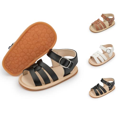 Sonsage Säugling Baby Mädchen Jungen Sommer Sandalen Neugeborene Schleife Krippe Sandale Outdoor Strand Kleinkind PU Leder Weiche Gummisohle Kleid Flache Lauflernschuhe, B01 Schwarz, 6-12 Monate von Sonsage